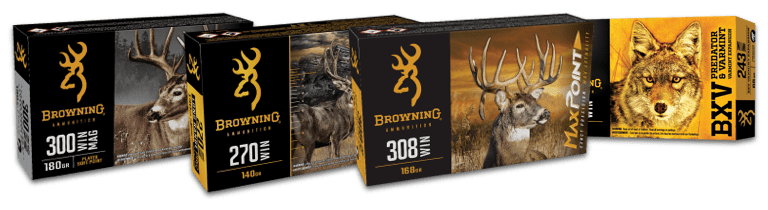 Lineup of products boxes of brands included in the 2024 Browning Fall Hunting Rebate promotion