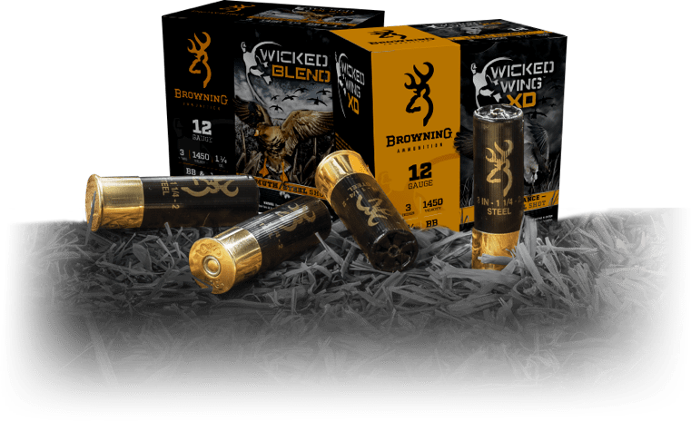 Browning Wicked Blend™, Wicked Wing XD™ and Wicked Wing™ waterfowl shotshells sitting in front of boxes of each